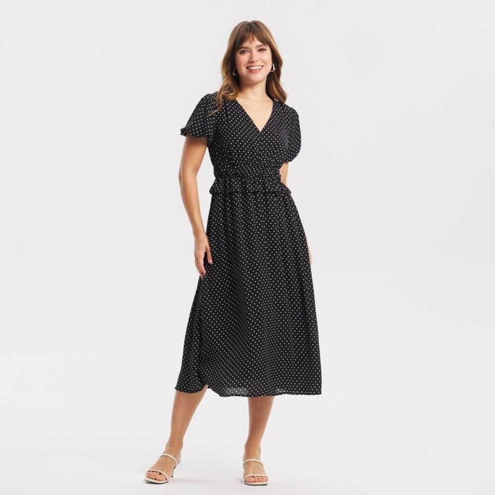 Women’s Short Sleeve Elastic Waist V-Neck Midi Dress - Black Polka Dots XS